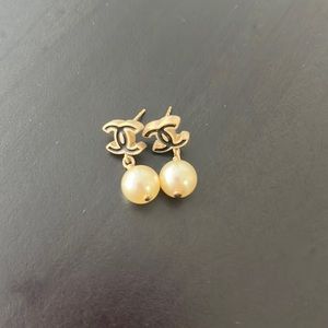 Chanel black enamel CC pearl drop earrings